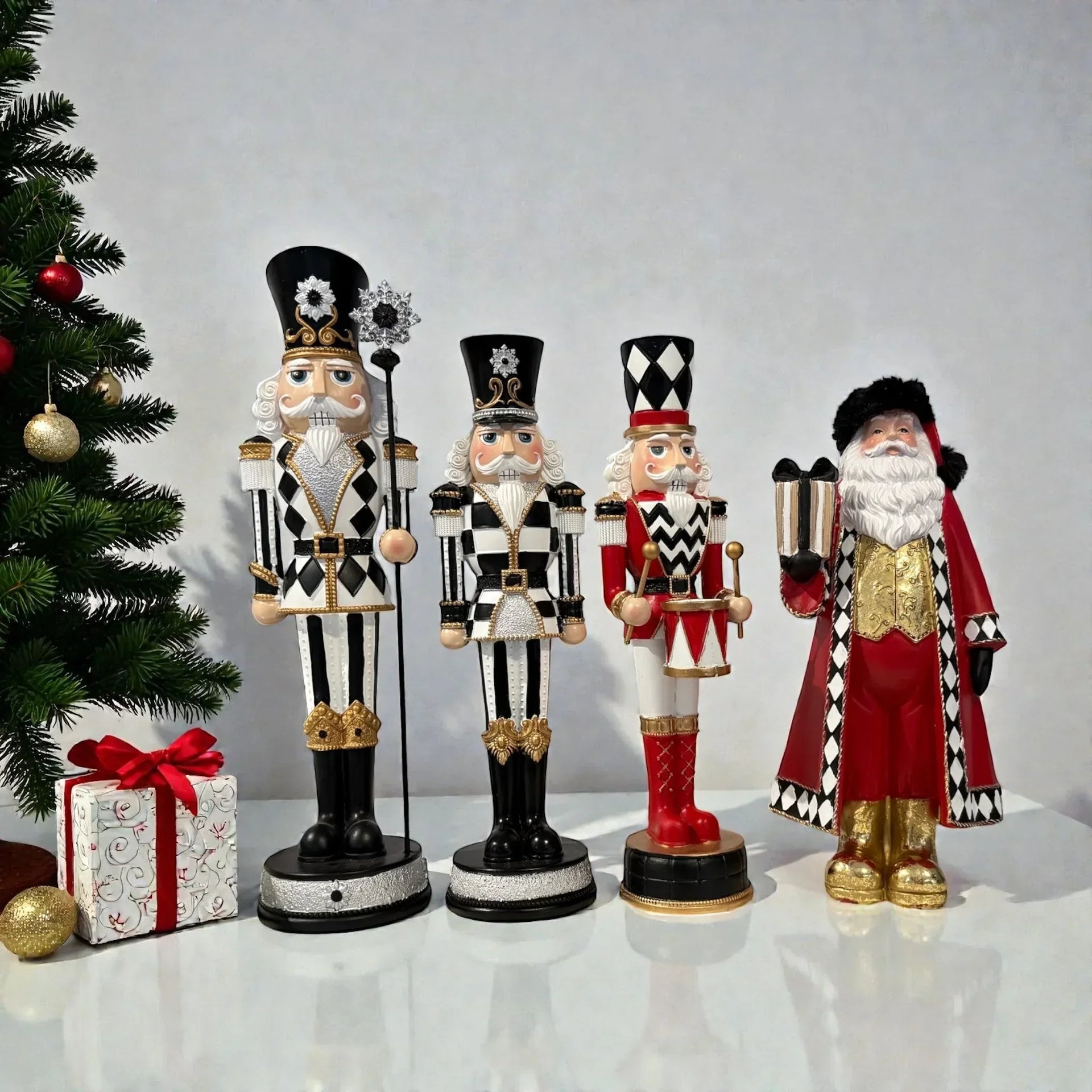 Elegant nutcracker statues and Santa figurine for Christmas home décor, featuring black, white, red, and gold designs.
