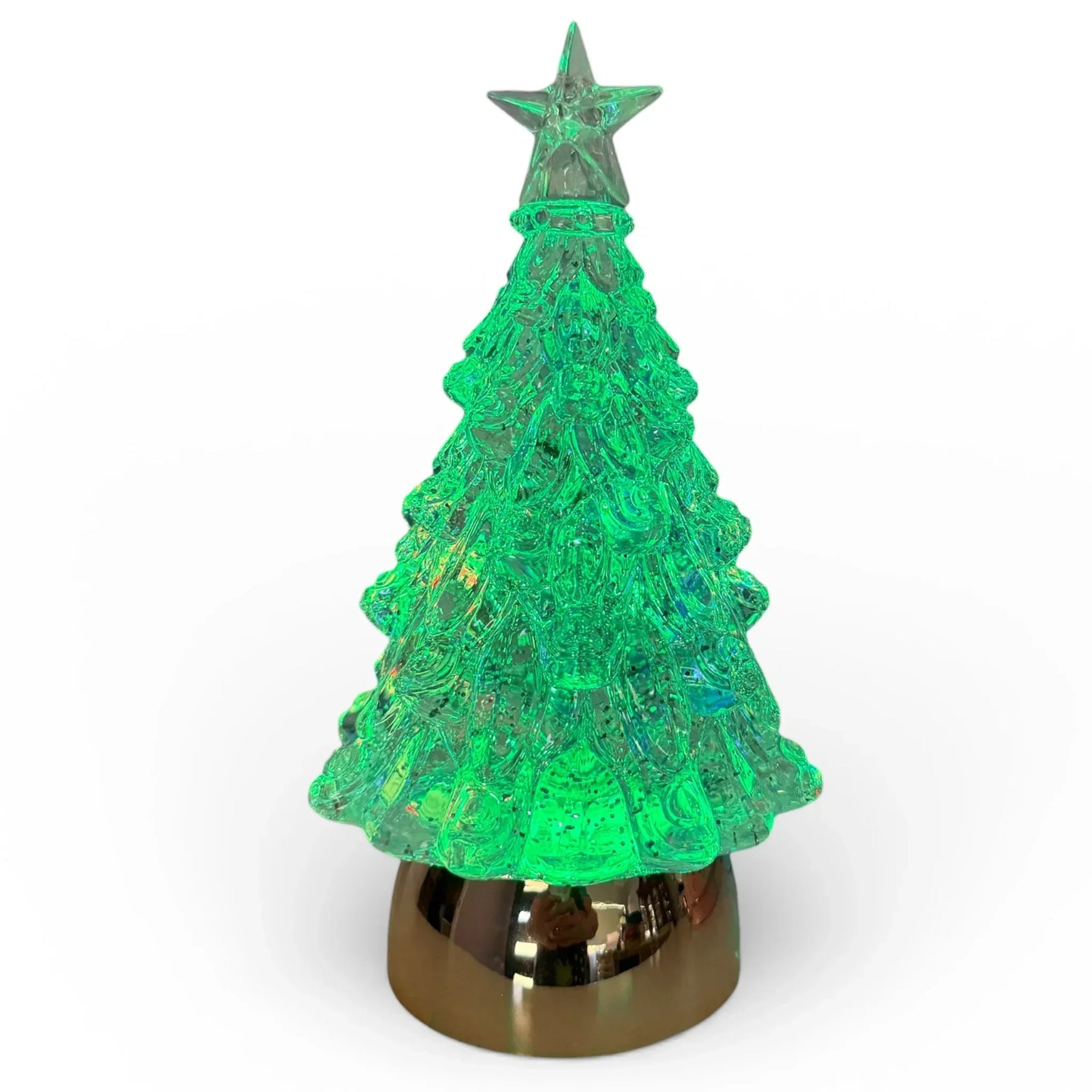 Glowing green acrylic Christmas tree with star topper on gold base, festive holiday décor
