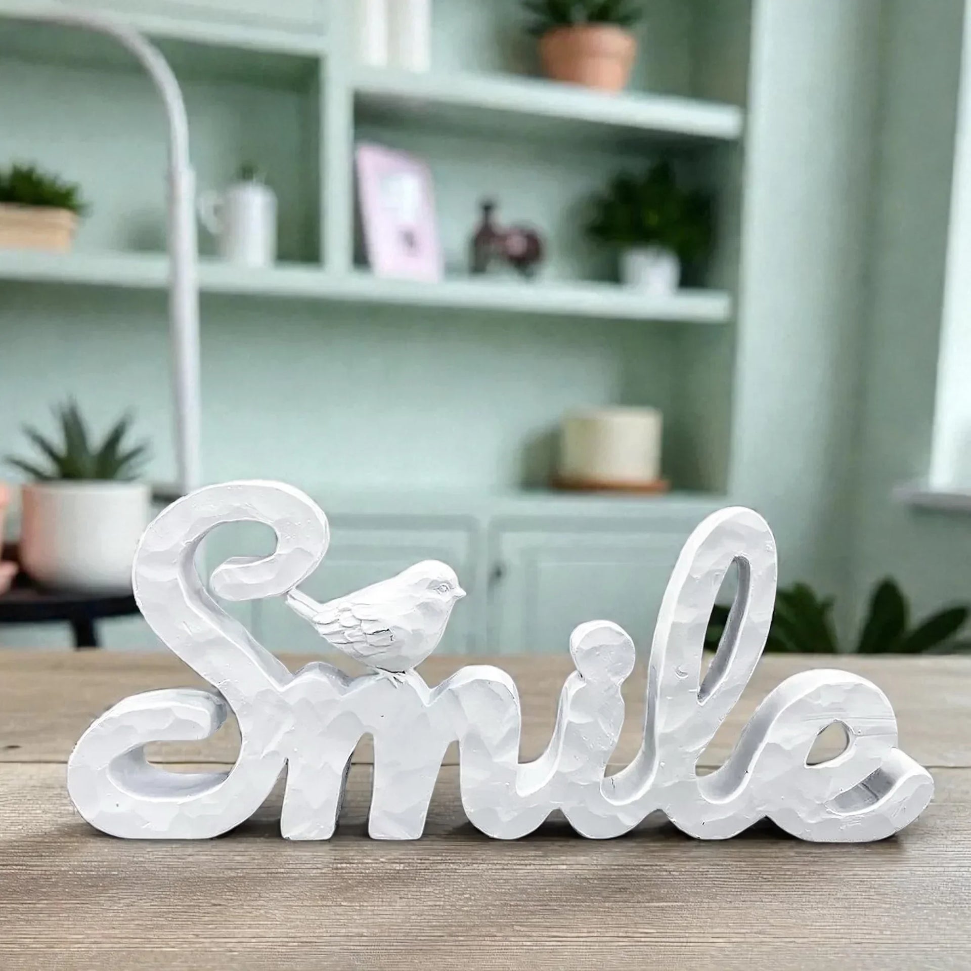 White 'Smile' sign with bird accent, rustic home décor for shelves or tabletops
