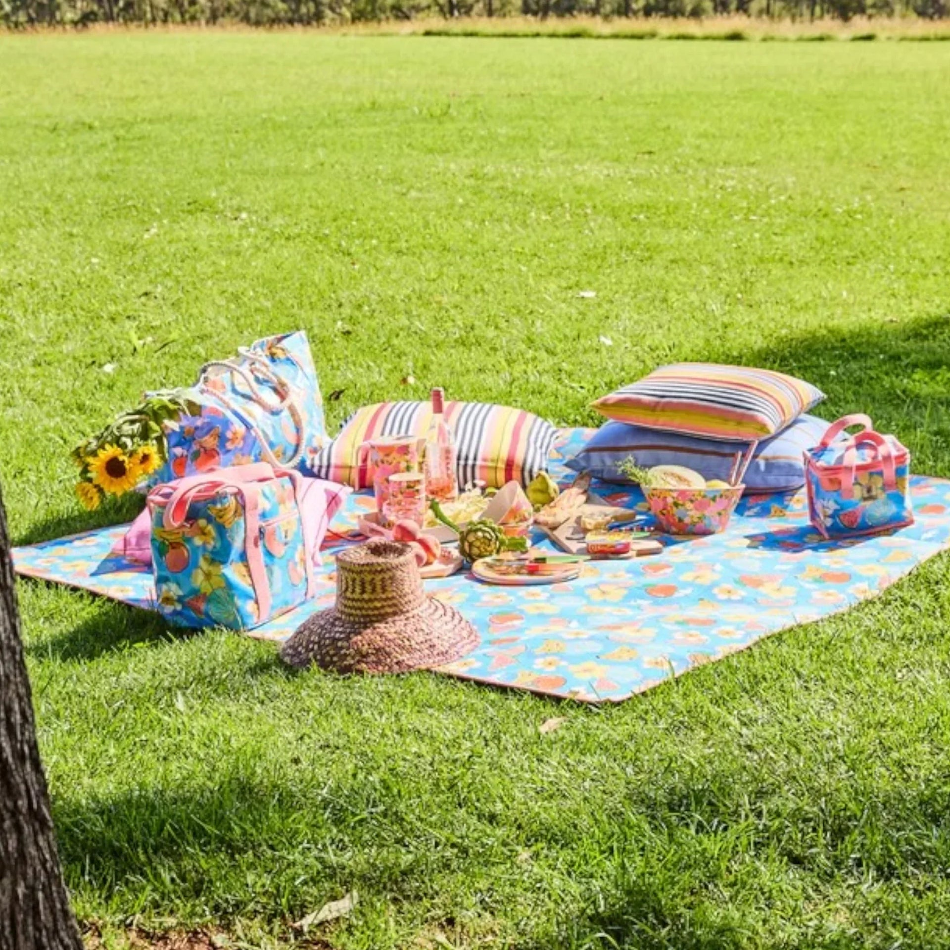 Colorful picnic setup with floral blanket, striped cushions, and vintage-style accessories on lush green grass