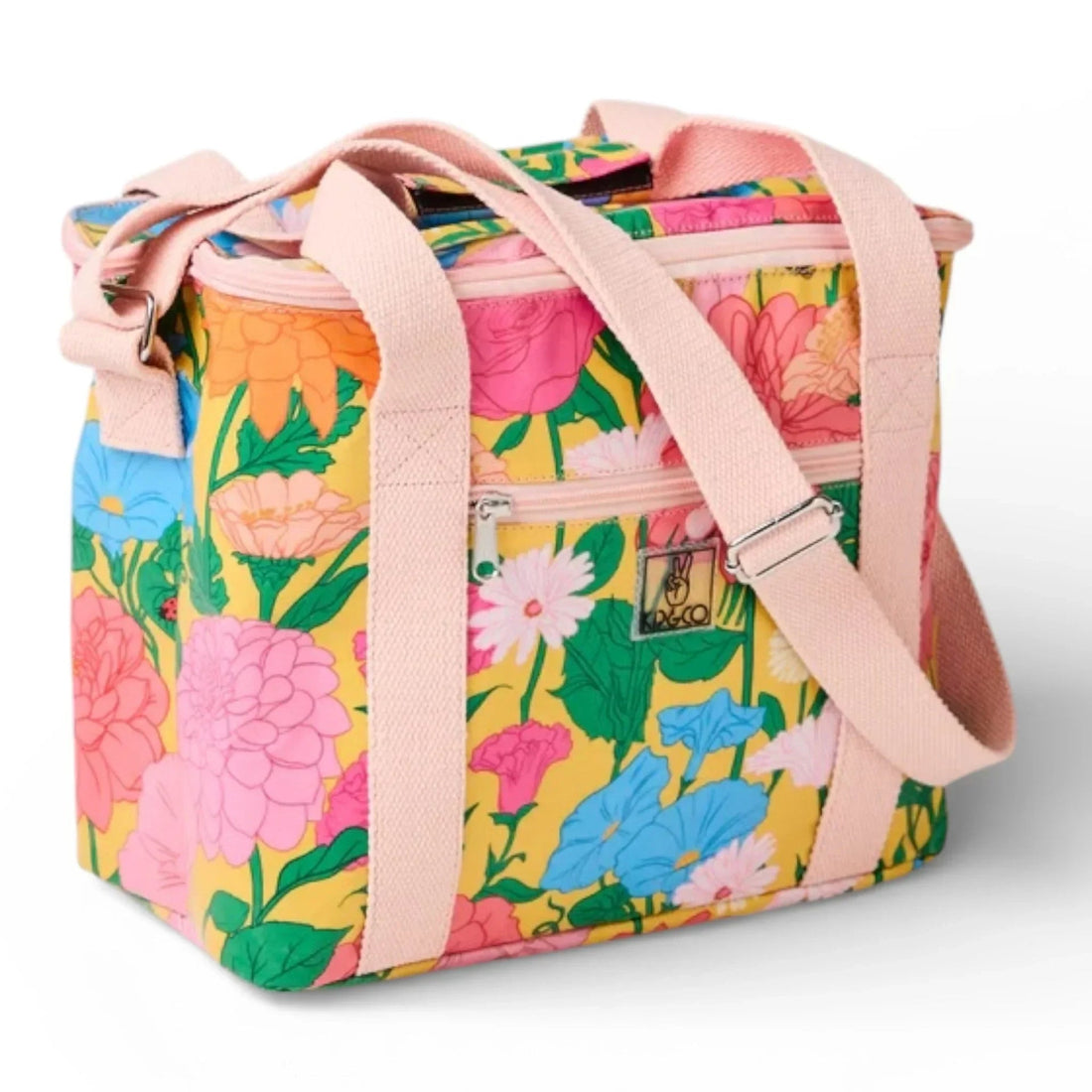Vibrant floral insulated lunch bag with pink straps, perfect for picnics or daily use.