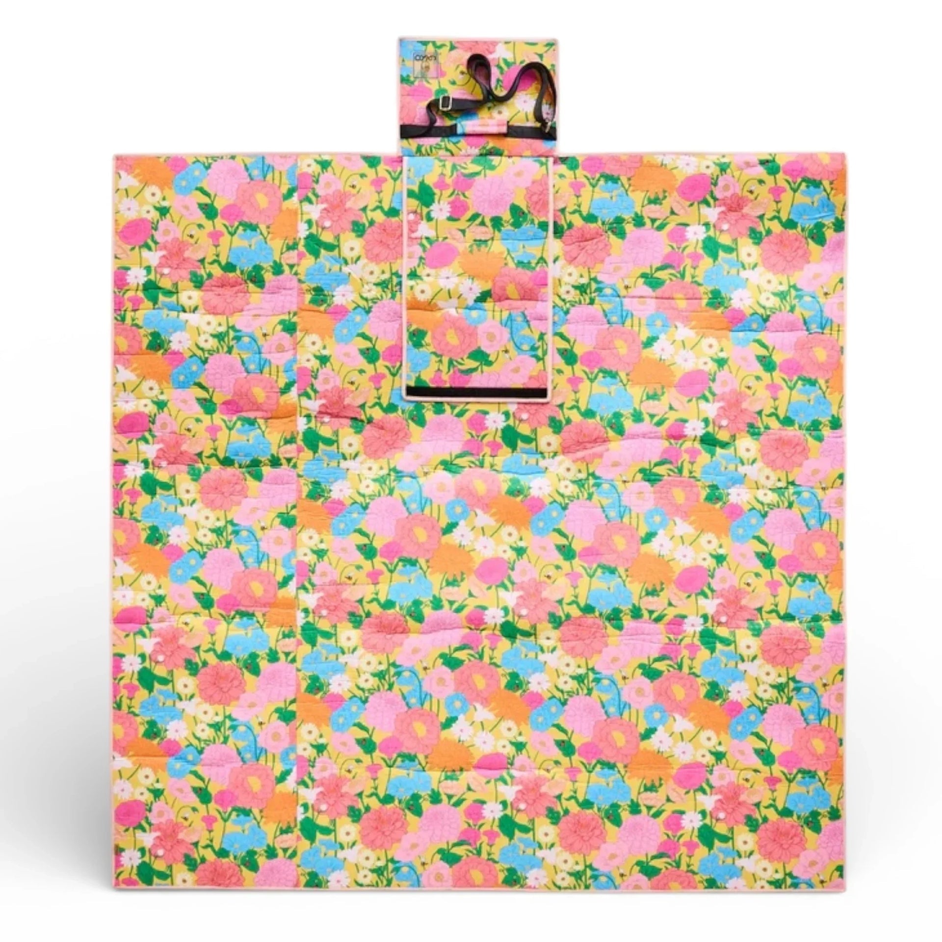 Colorful floral picnic blanket with carry strap, perfect for outdoor gatherings and garden parties
