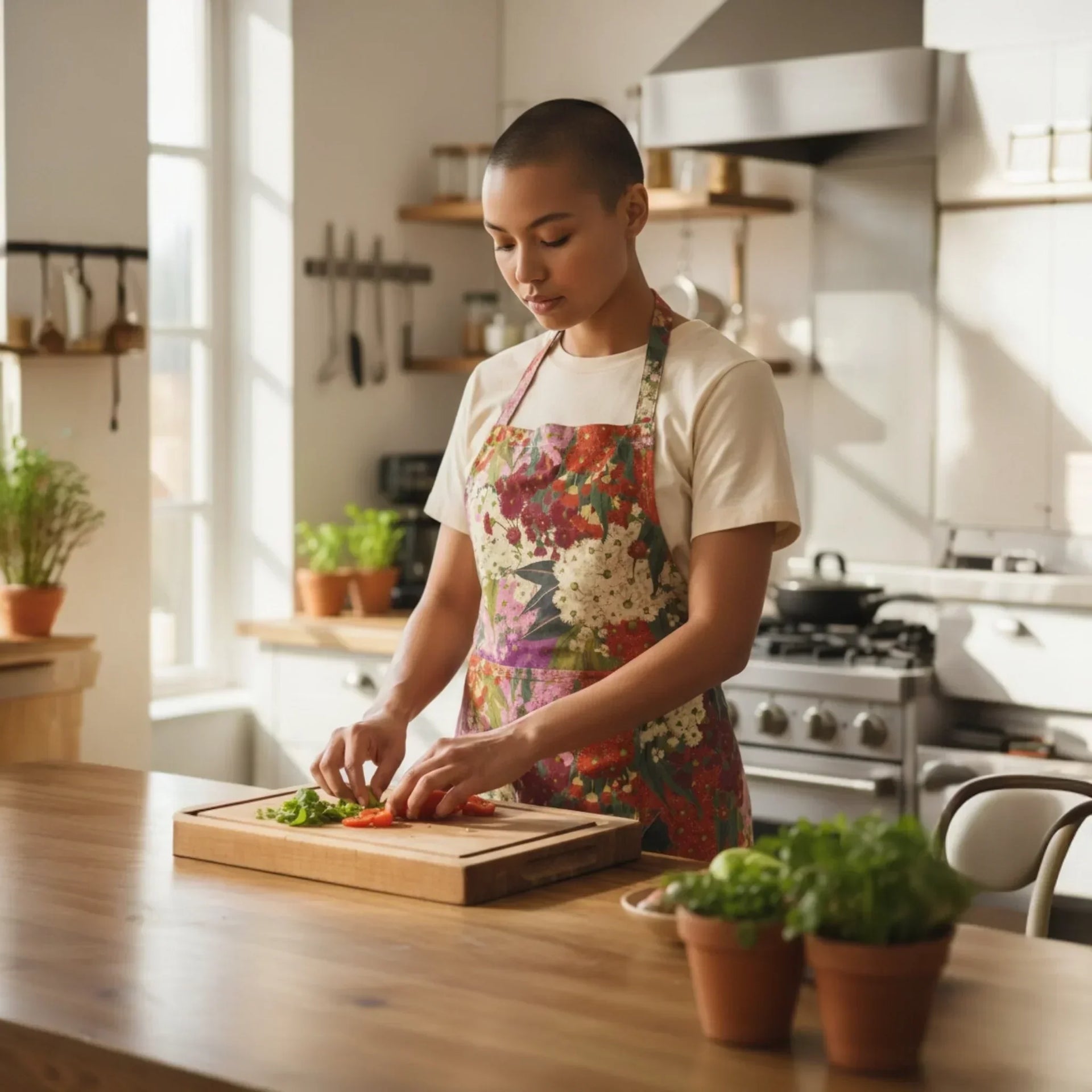 Woman in floral apron chopping vegetables on wooden cutting board in bright kitchen