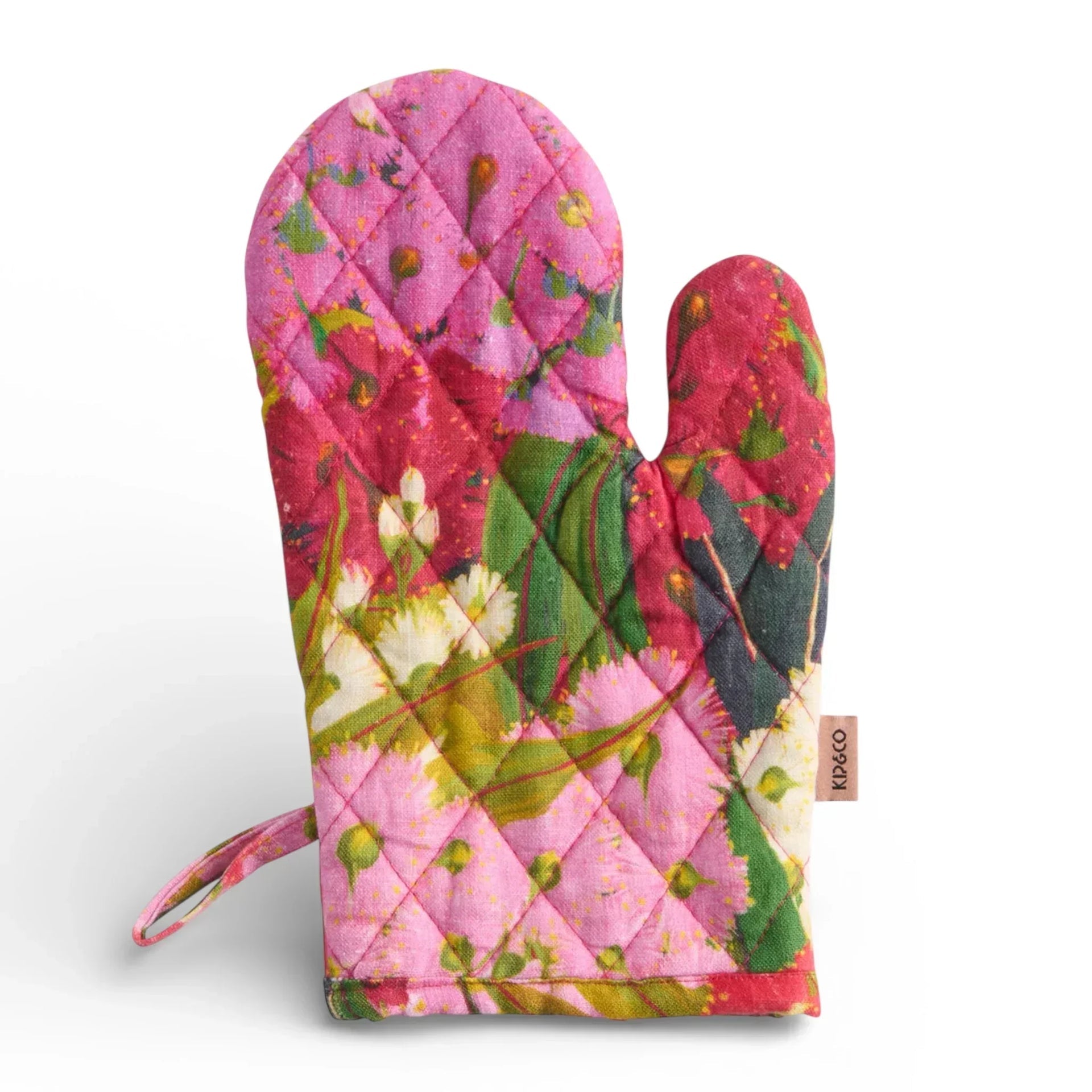 Quilted floral oven mitt with pink, green, and white botanical print, perfect for kitchen décor and cooking safety.