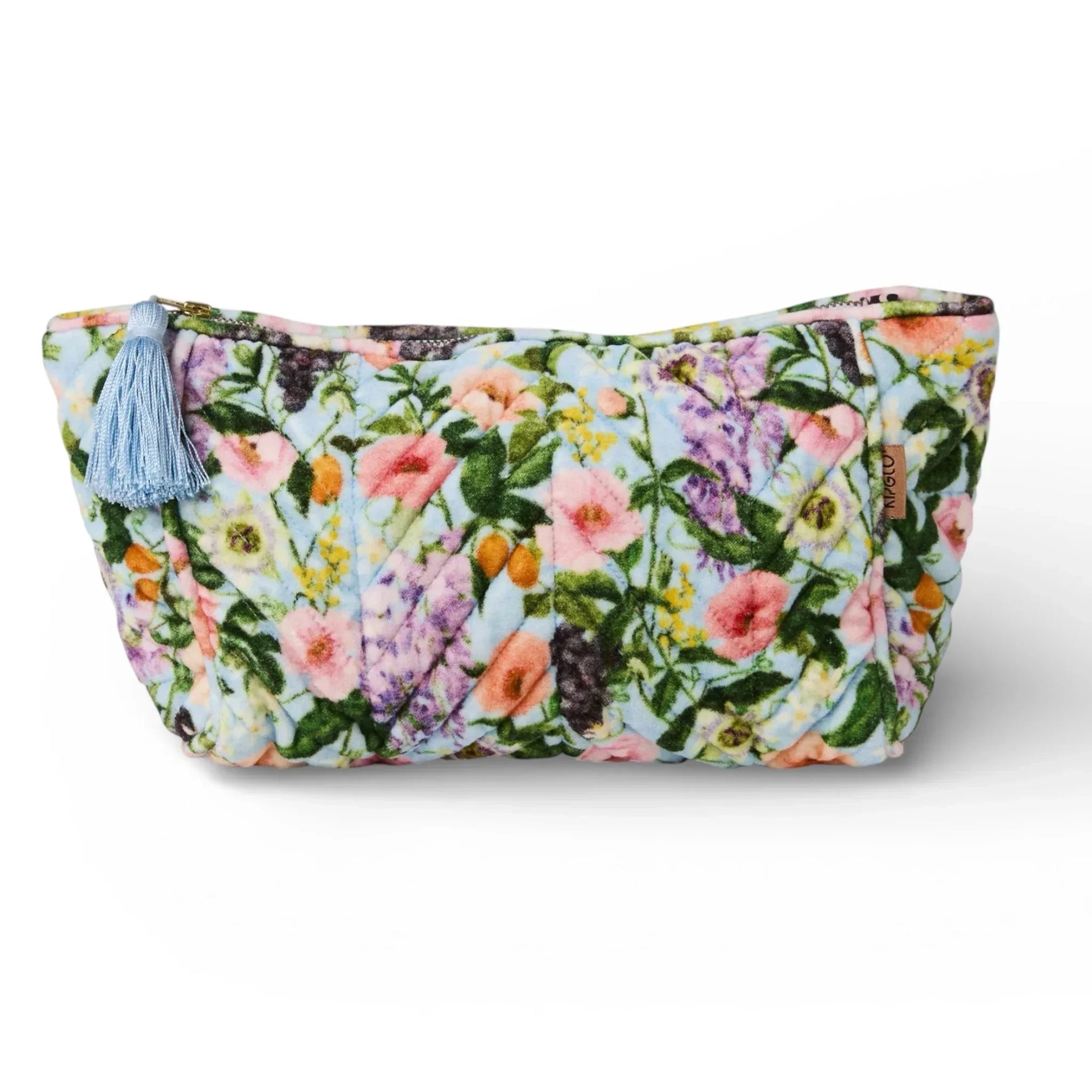 Quilted floral makeup bag with blue tassel, perfect for home décor or travel essentials