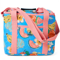 Vibrant fruit print cooler bag with pink straps, perfect for picnics or beach outings.