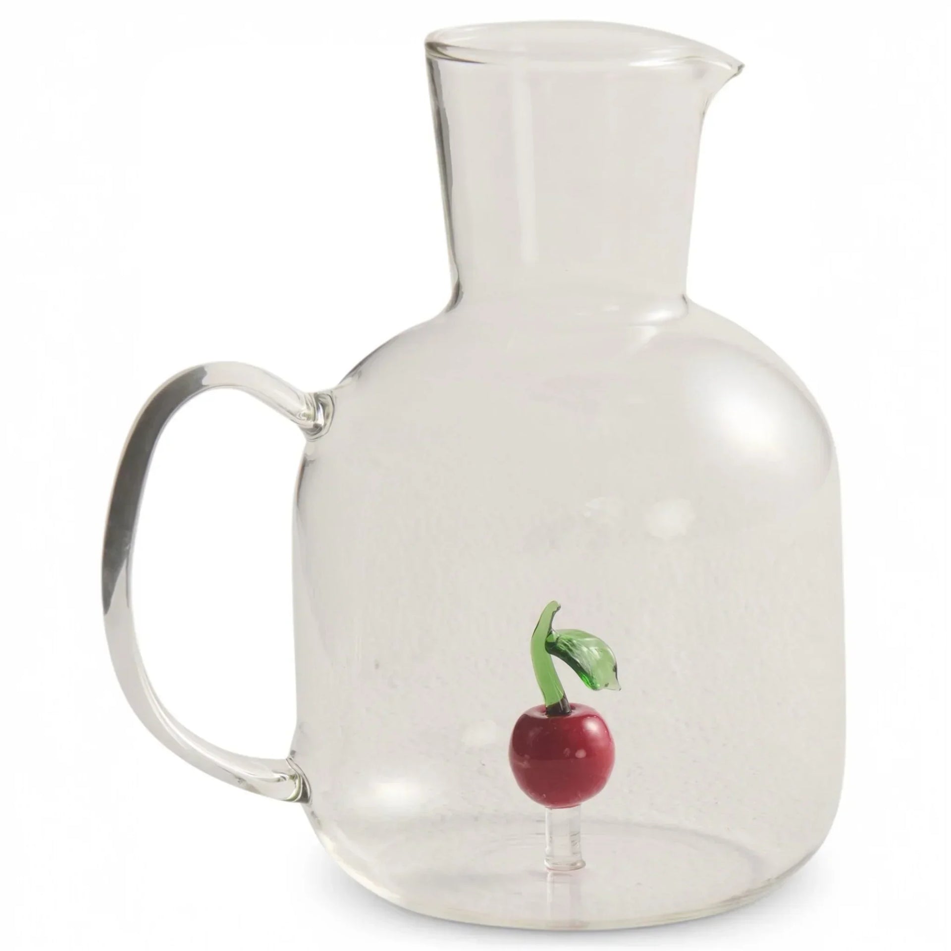 Clear glass pitcher with red cherry design, perfect for home décor and vintage-style kitchen accessories.
