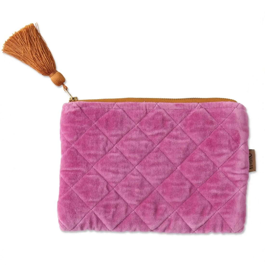 Pink quilted velvet pouch with gold zipper and tassel, luxury home accessory
