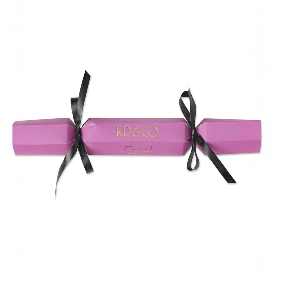 Pink KIP&CO Dream On luxury Christmas cracker with black ribbon, festive home décor