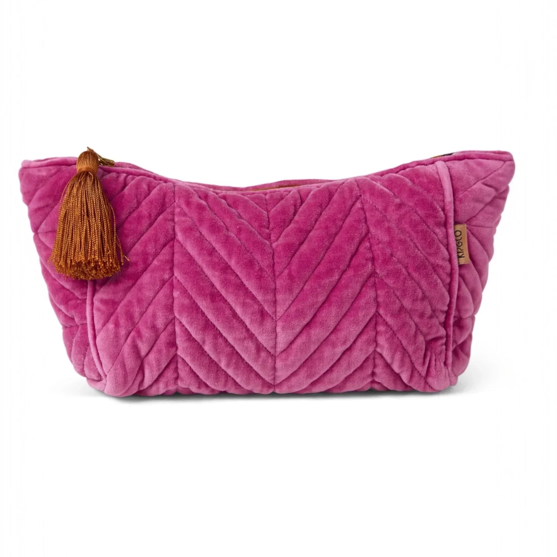 Pink velvet quilted makeup bag with gold tassel, luxury cosmetic pouch for home décor