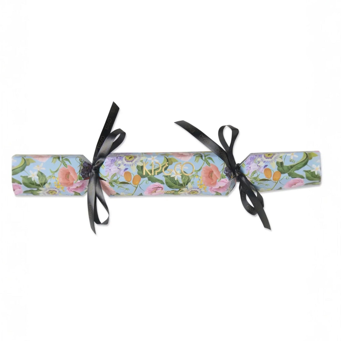 Elegant floral Christmas cracker with black ribbon, perfect for holiday décor and festive gifting.