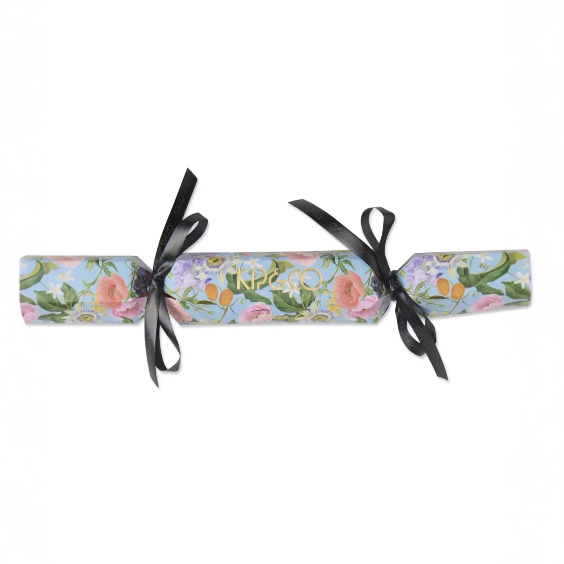 Elegant floral Christmas cracker with black ribbon, perfect for holiday décor and festive gifting.