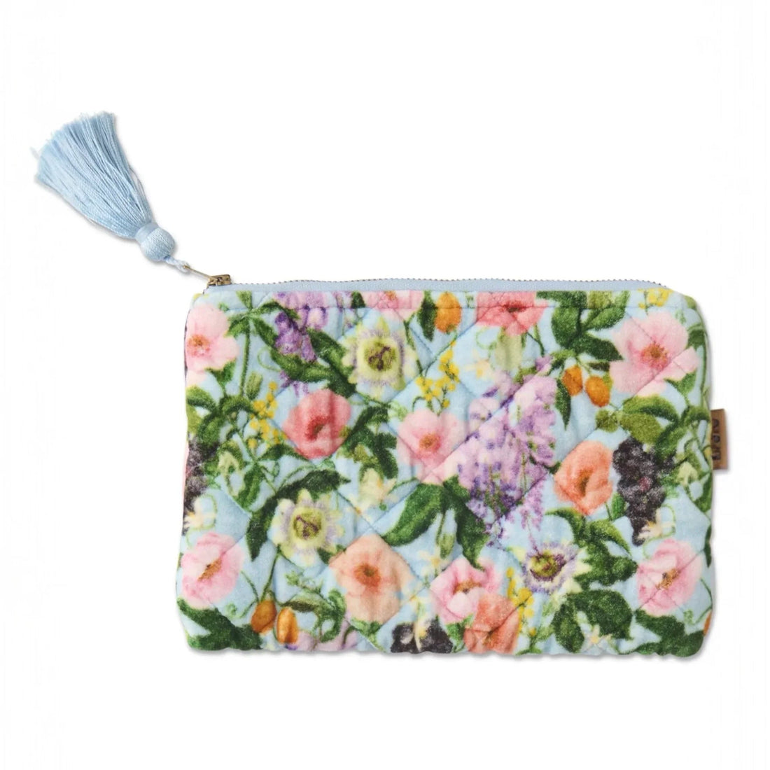 Quilted floral pouch with blue tassel, perfect for home décor or travel essentials