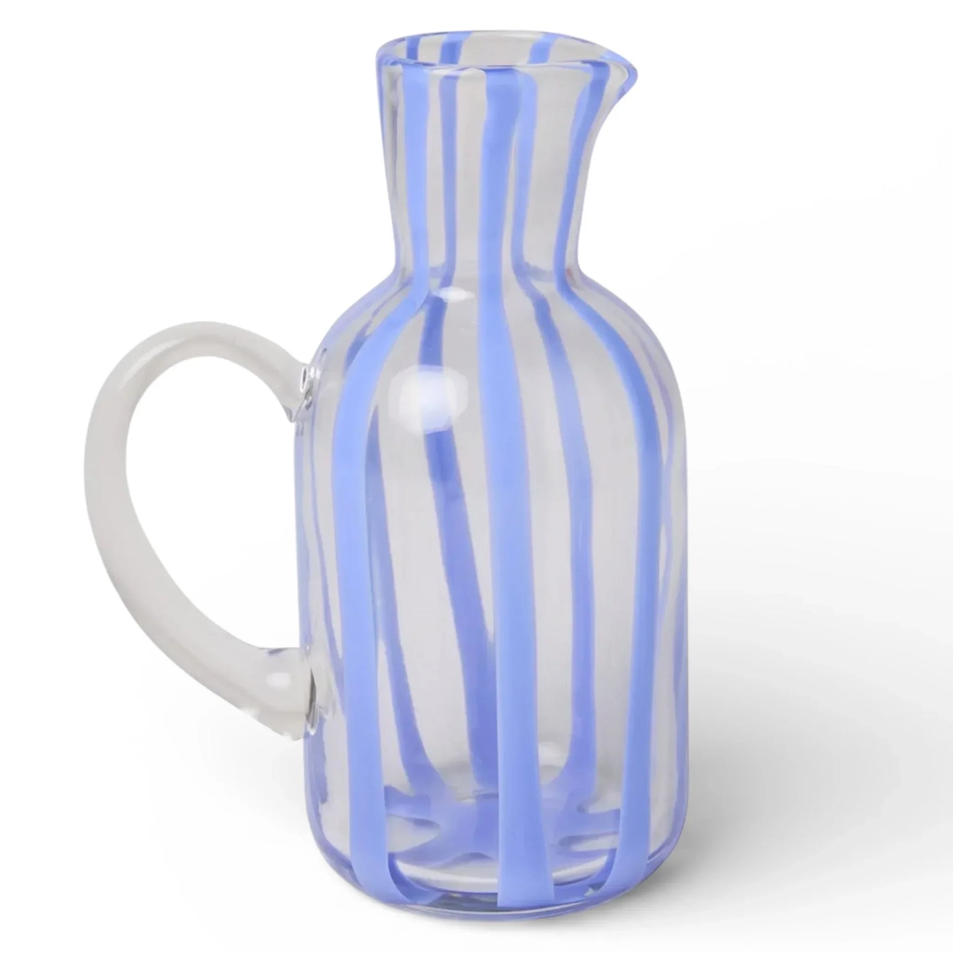 Clear glass pitcher with blue vertical stripes, elegant home décor accent piece