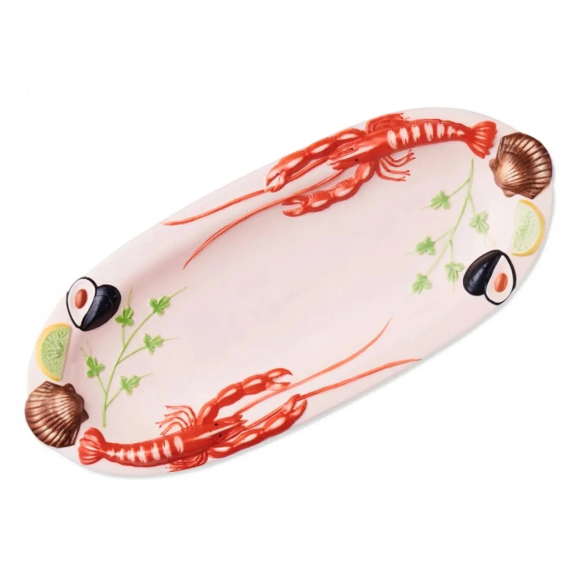 Ceramic seafood platter with lobsters, shells, lime, and herbs for elegant home dining