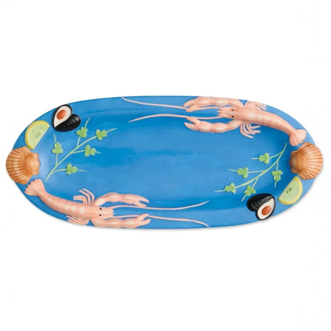 Blue oval platter with 3D lobster, shells, lime, and herbs for coastal kitchen décor