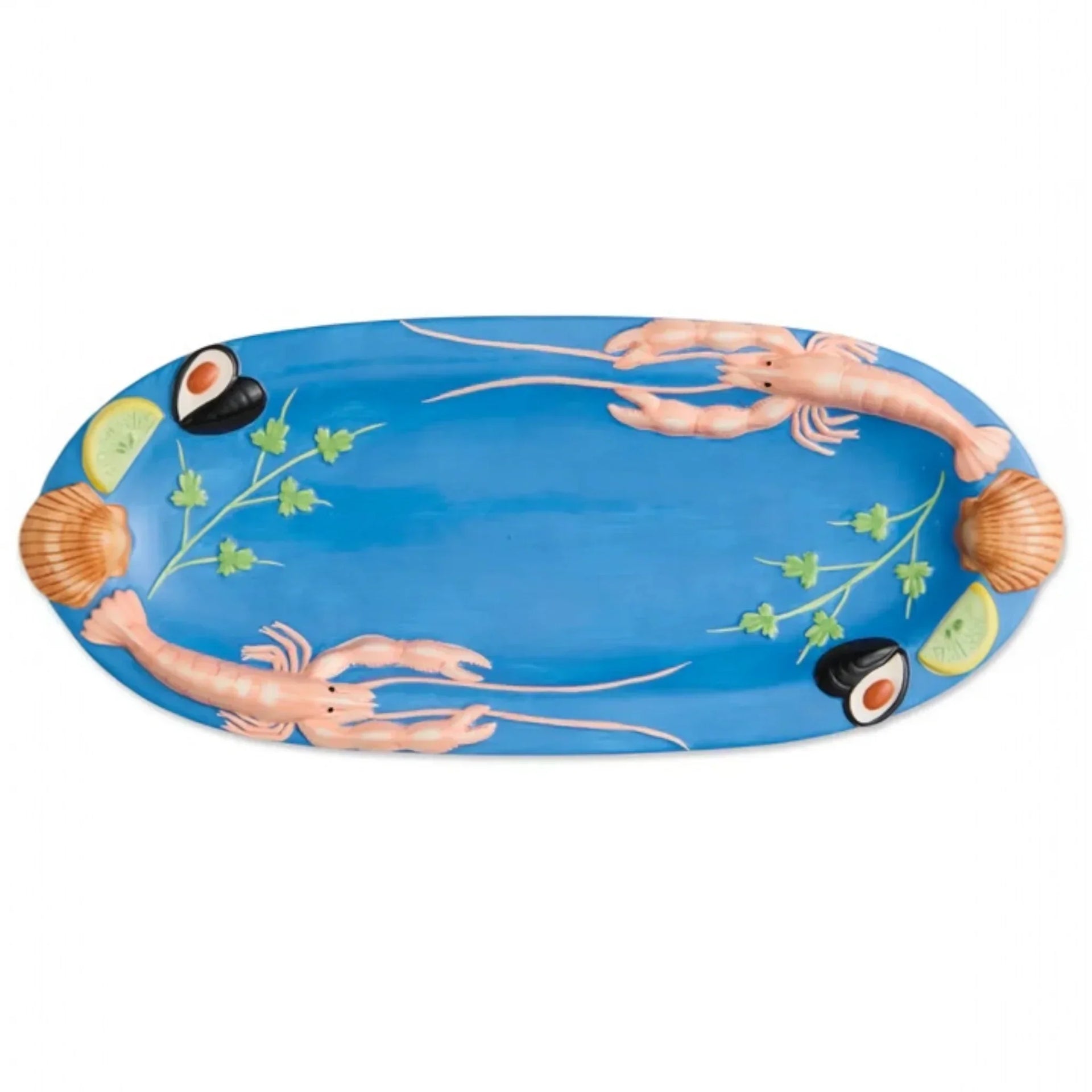 Blue oval platter with 3D lobster, shells, lime, and herbs for coastal kitchen décor