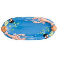 Blue oval platter with 3D lobster, shells, lime, and herbs for coastal kitchen décor