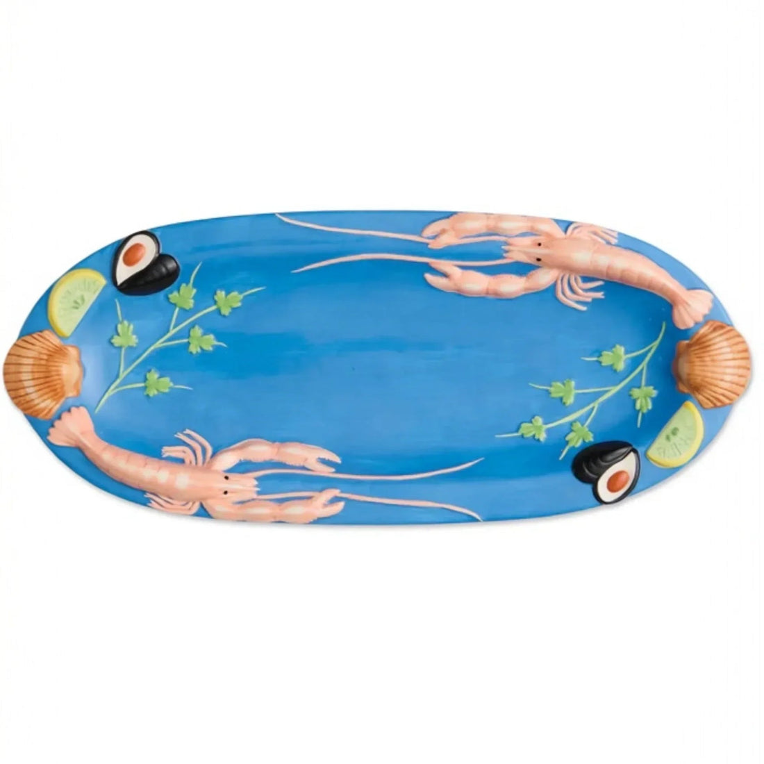 Blue oval platter with 3D lobster, shells, lime, and herbs for coastal kitchen décor