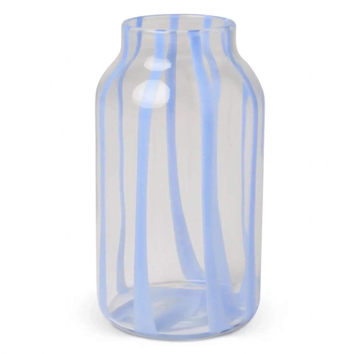 Clear glass vase with light blue vertical stripes, modern home décor accent piece
