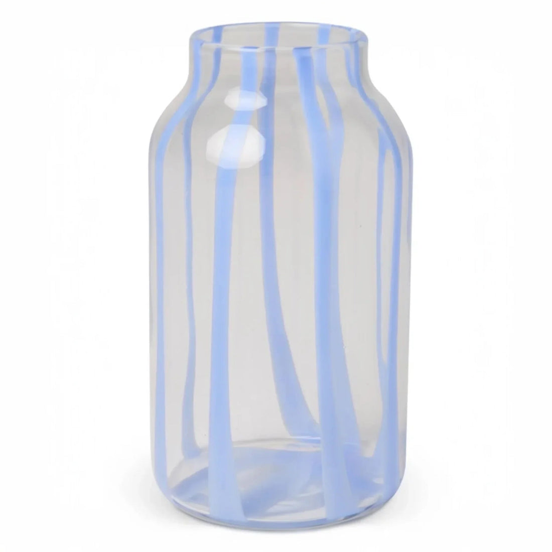 Clear glass vase with light blue vertical stripes, modern home décor accent piece