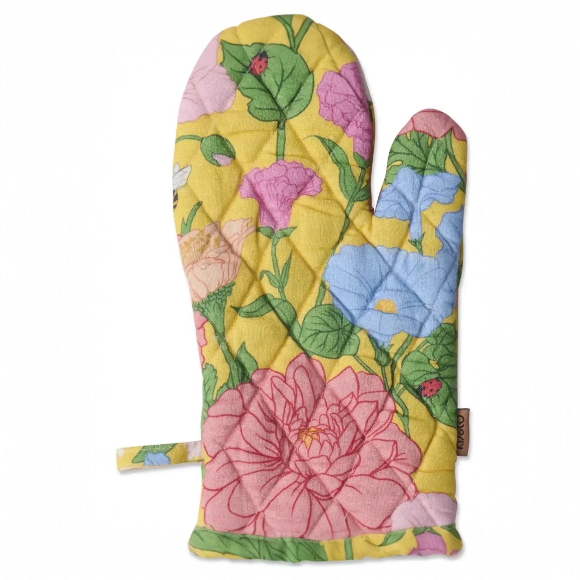 Quilted oven mitt with vibrant floral print, pink and blue flowers on yellow background, perfect for kitchen decor