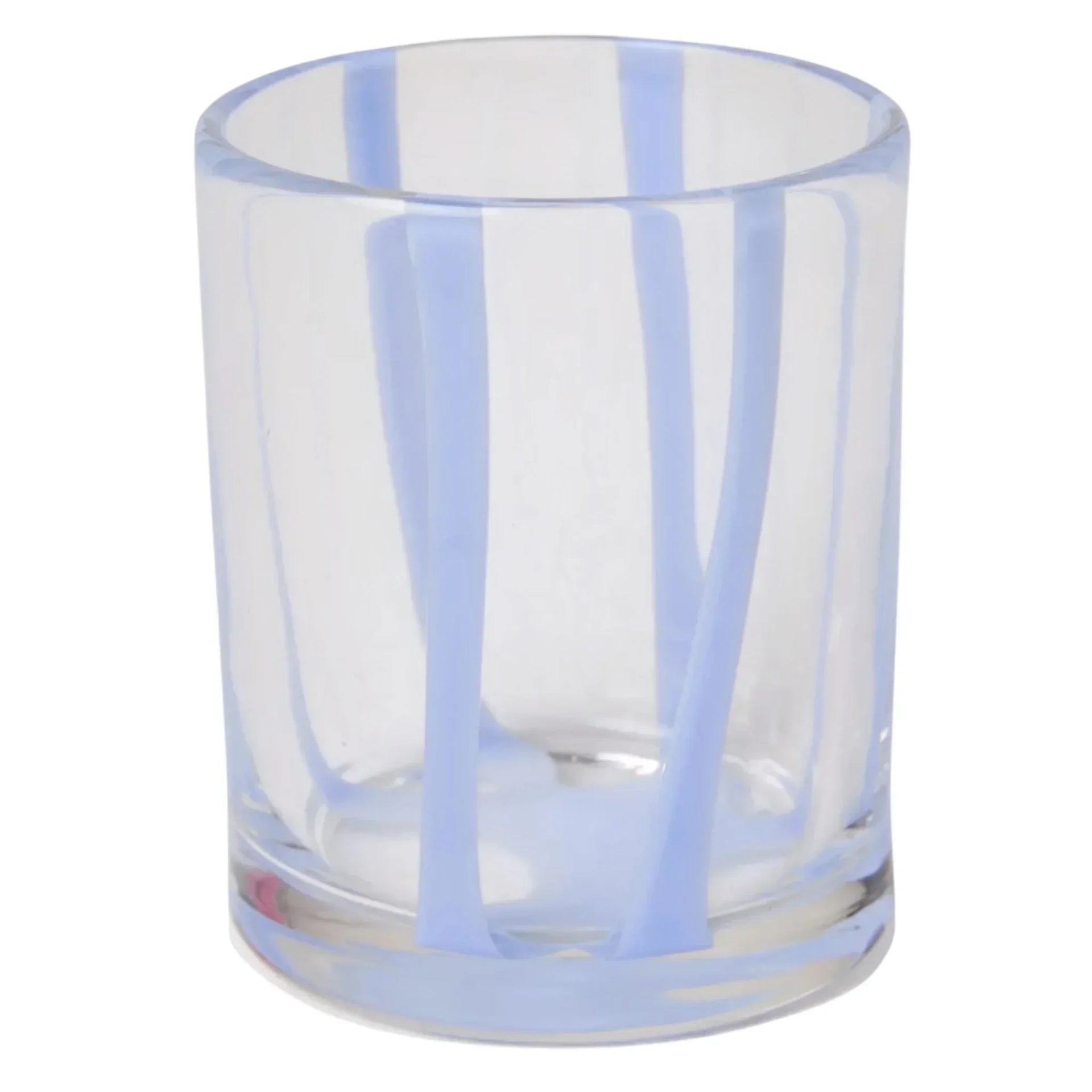 Clear glass tumbler with light blue vertical stripes, modern home décor accessory