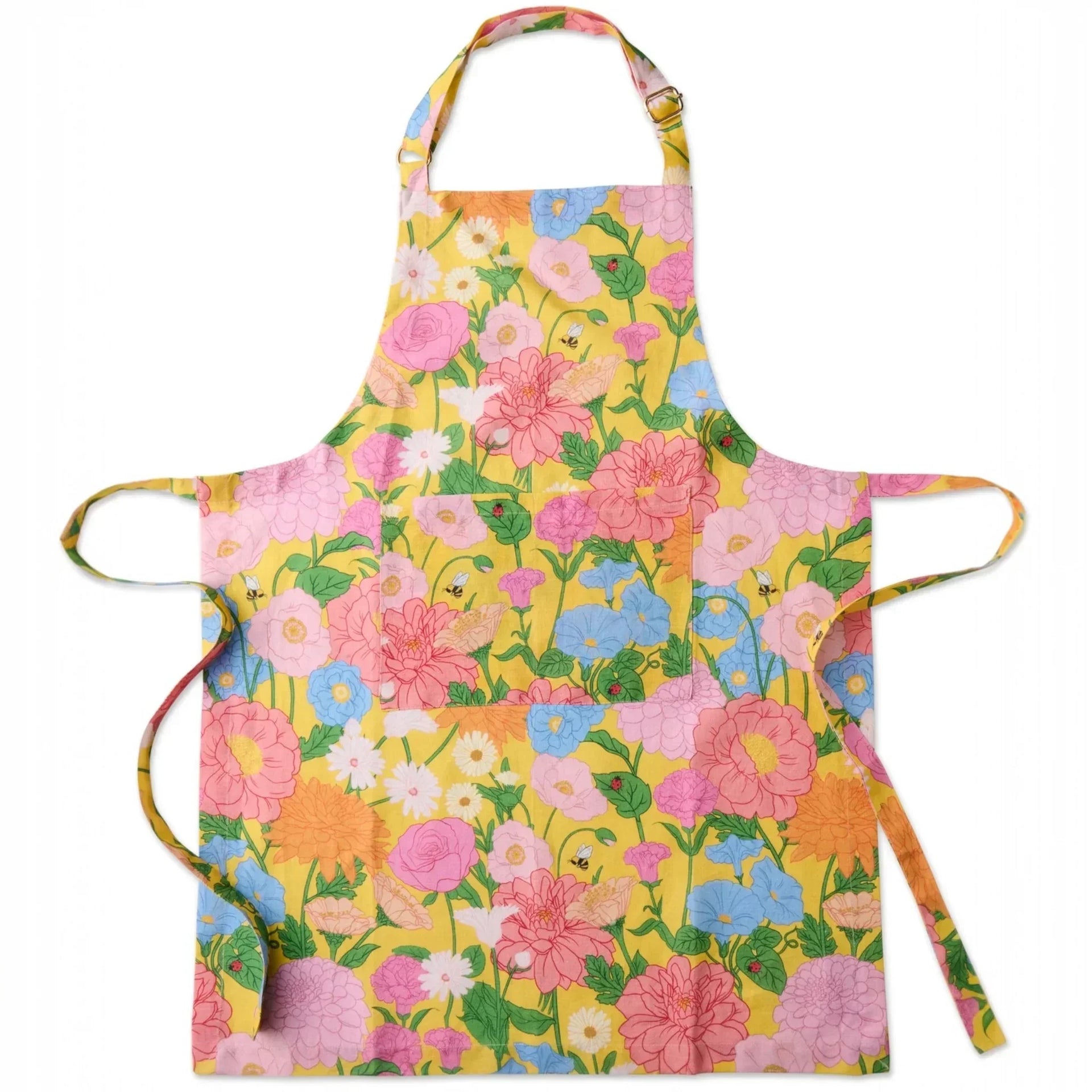 Colorful floral apron with pink, blue, and yellow flowers, perfect for kitchen décor and cooking