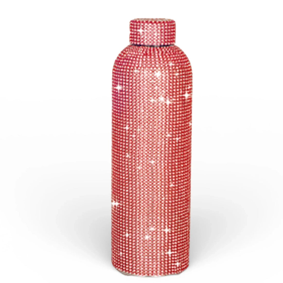 Red sparkling water bottle with glittery star pattern, stylish home accessory for modern décor