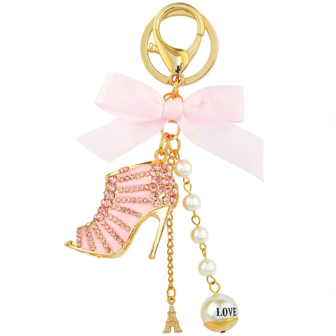 Pink high heel keychain with rhinestones, pearl beads, Eiffel Tower charm, and 'LOVE' pendant, perfect for fashion lovers.