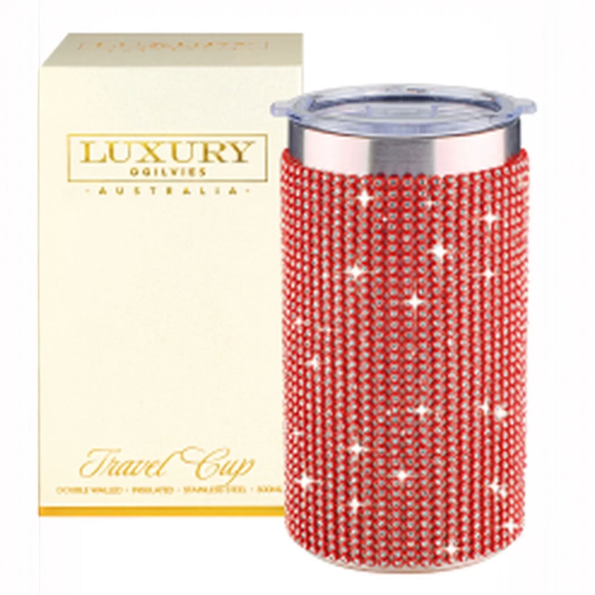 Red crystal-embellished travel mug with clear lid, luxury Australia gift box