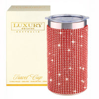 Red crystal-embellished travel mug with clear lid, luxury Australia gift box