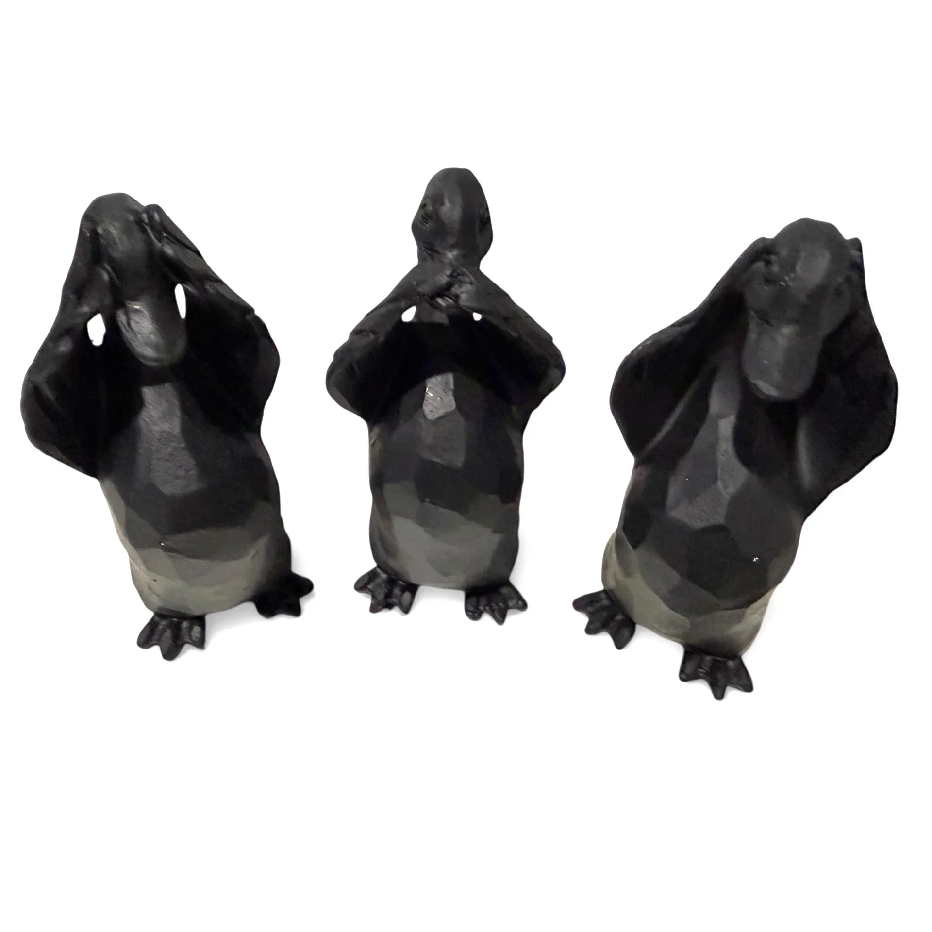 Three black penguin figurines in see, hear, speak no evil poses, home décor accent pieces