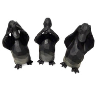 Three black penguin figurines in see, hear, speak no evil poses, home décor accent pieces