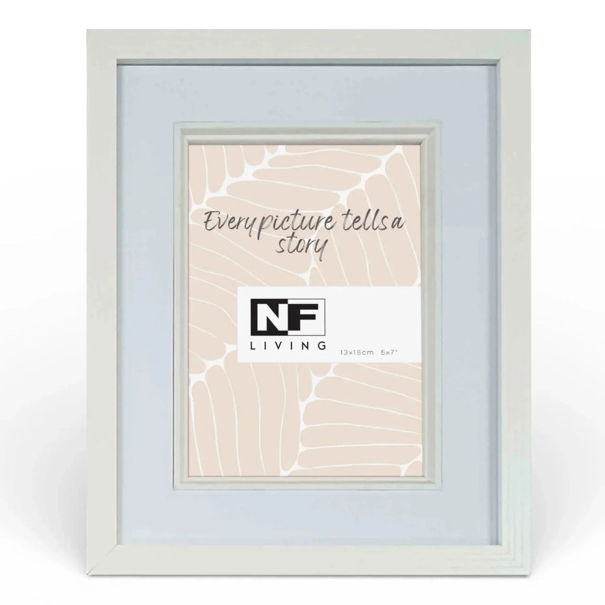 White wooden photo frame 5x7 inch for home decor, displays 'Every picture tells a story' with NF Living logo