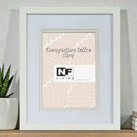 White picture frame with blush abstract print, 'Every picture tells a story' text, beside succulent plant