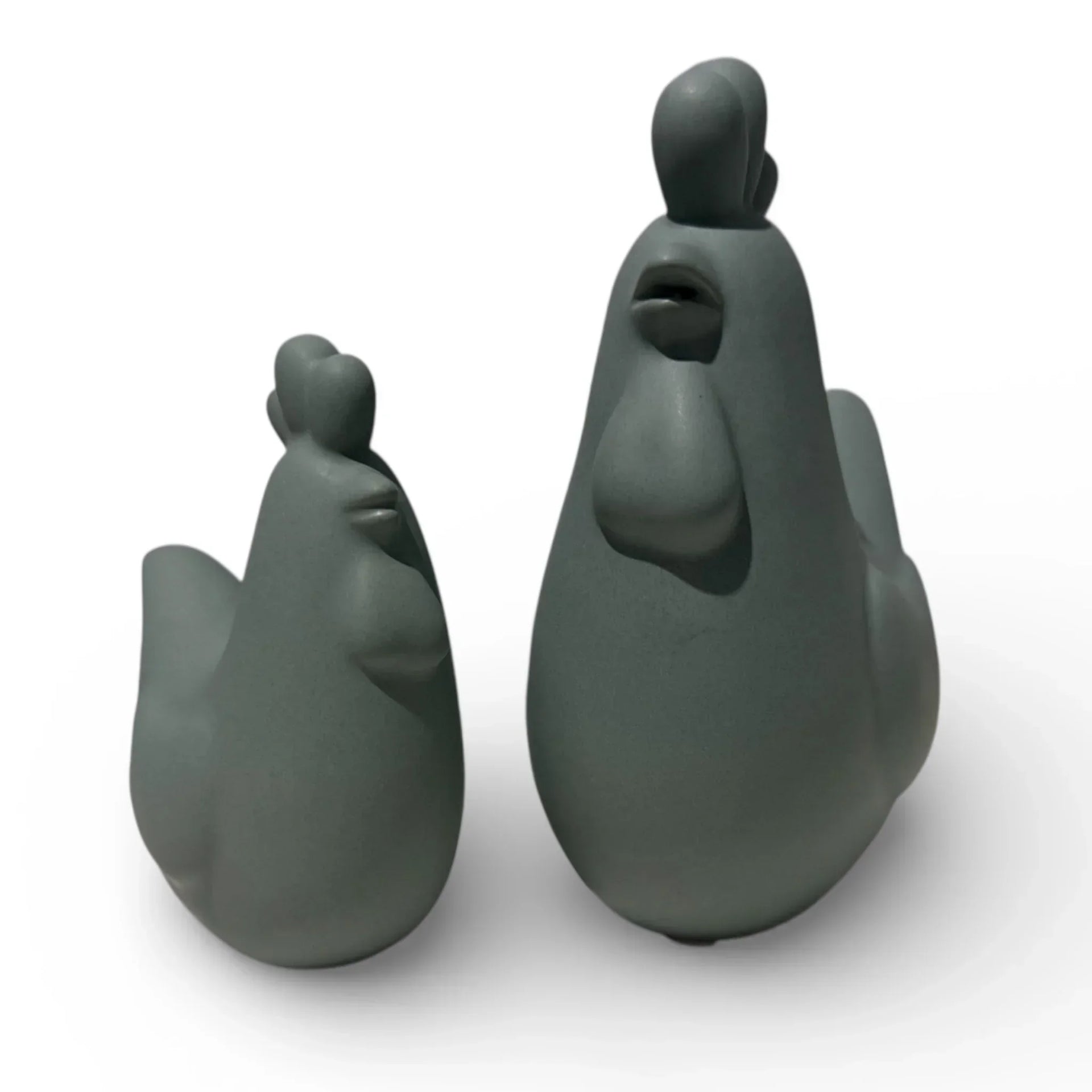 Sleek gray ceramic chicken figurines, modern home décor accents for kitchen or shelf display