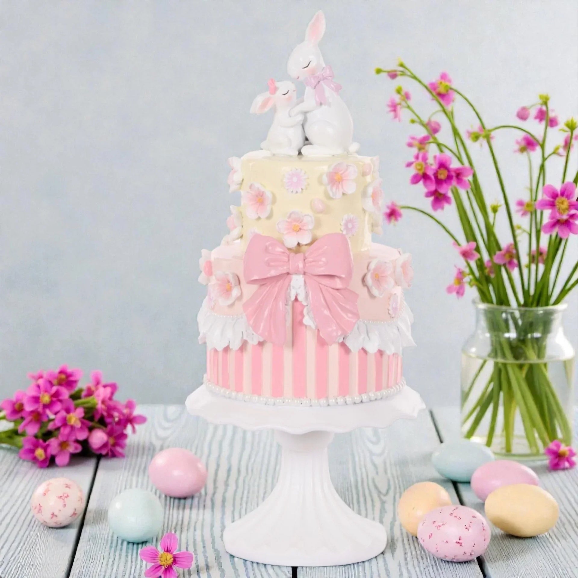 Pink and white Easter cake stand with bunny toppers, floral decorations, and pastel eggs for spring home décor