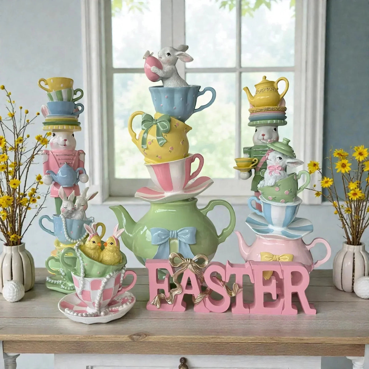 Easter bunny figurines in pastel teacups and teapots, pink 'EASTER' sign, spring home decor