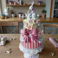 Elegant two-tier cake with pink bow, floral details, and bunny toppers for home décor or special occasions