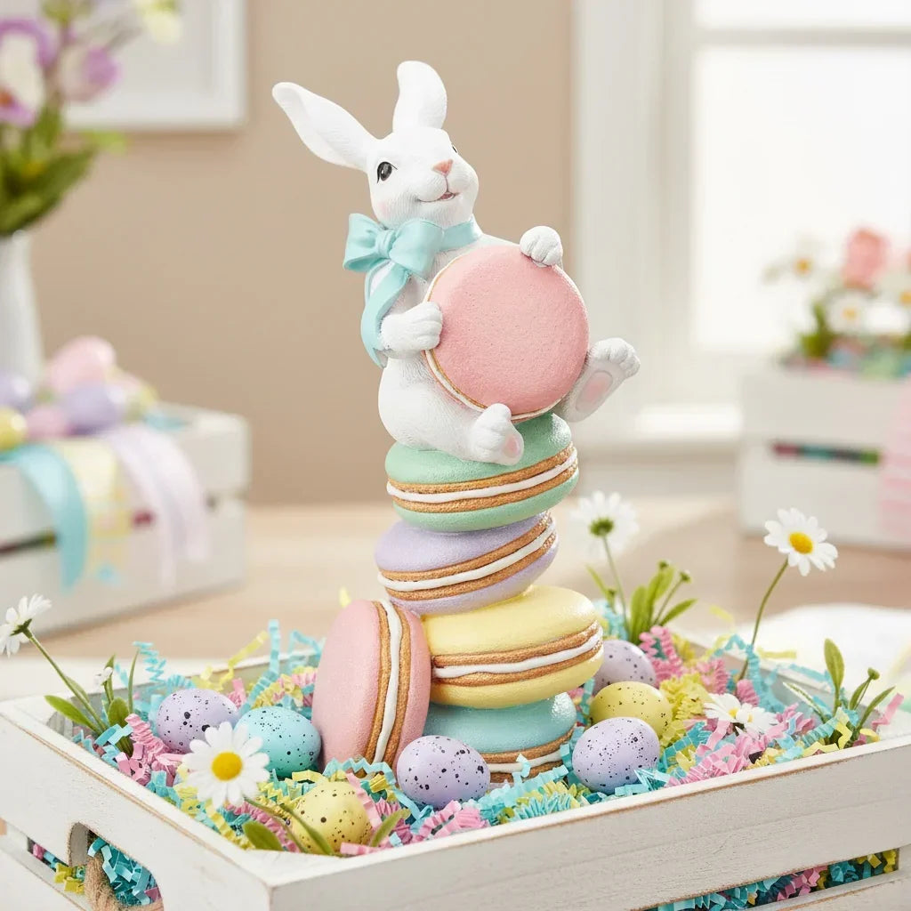 Easter bunny figurine holding pink macaron, perched on pastel macarons with speckled eggs and daisies in crate
