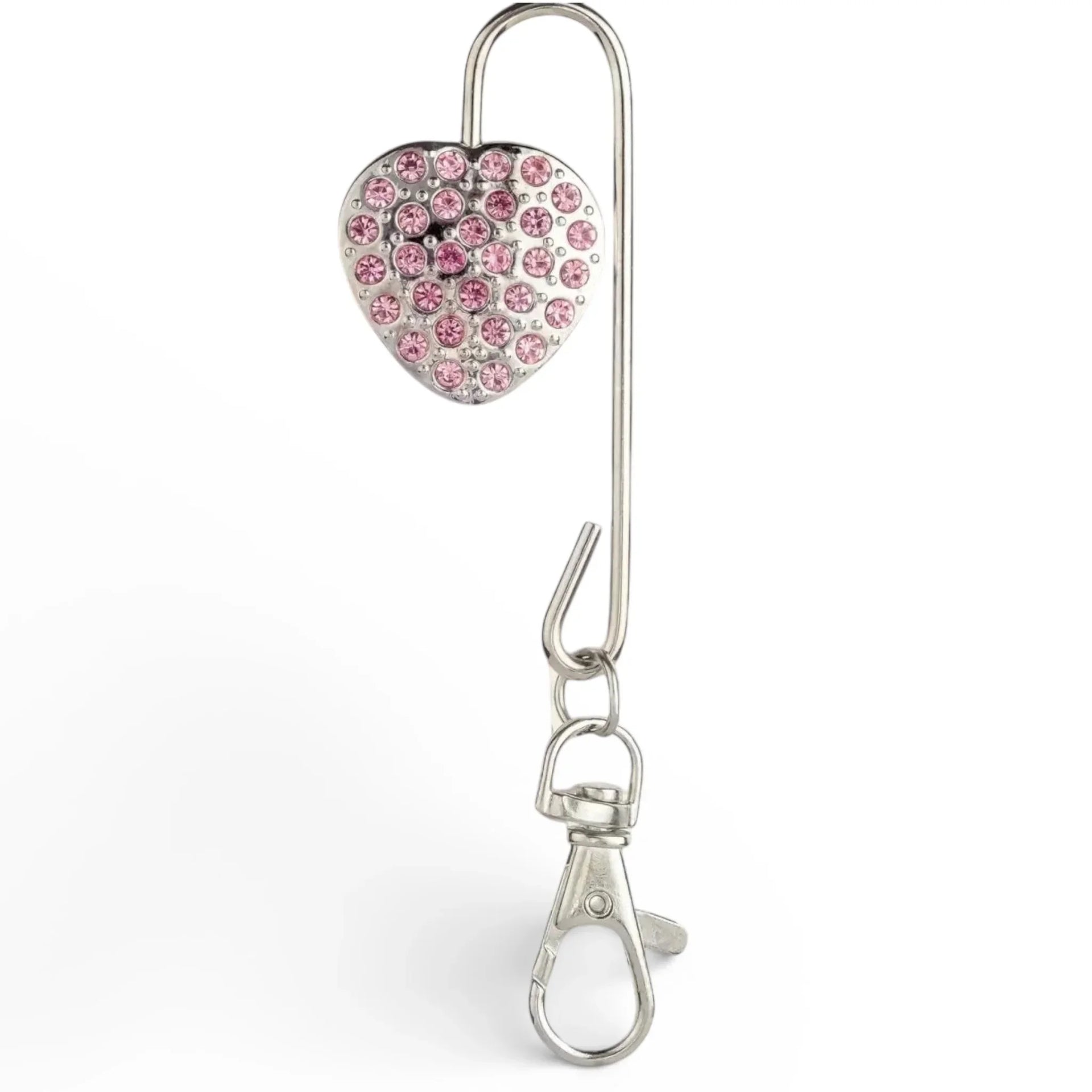 Heart-shaped pink crystal brooch with safety pin and clip, elegant home décor accessory