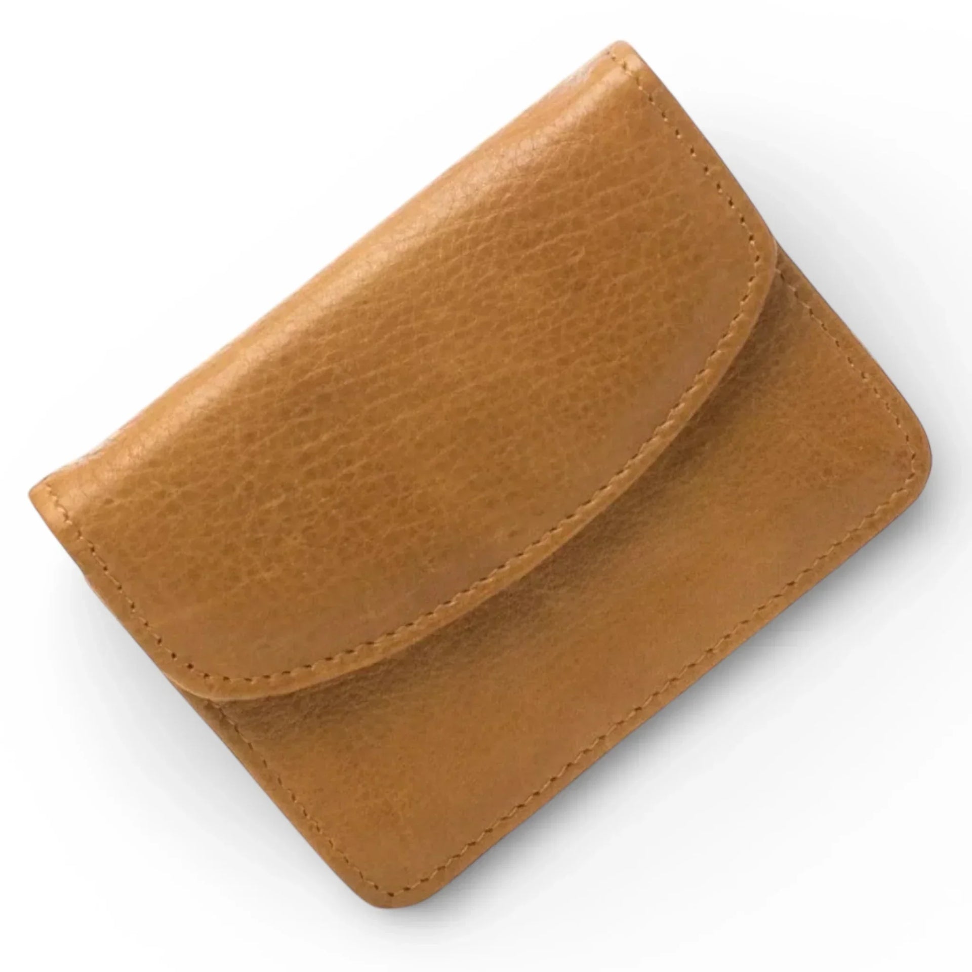 Tan leather cardholder with textured finish and neat stitching, ideal for minimalist home accessories