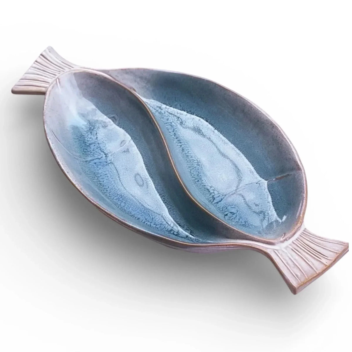 Blue ceramic fish-shaped serving dish with dual compartments, perfect for home décor or entertaining.
