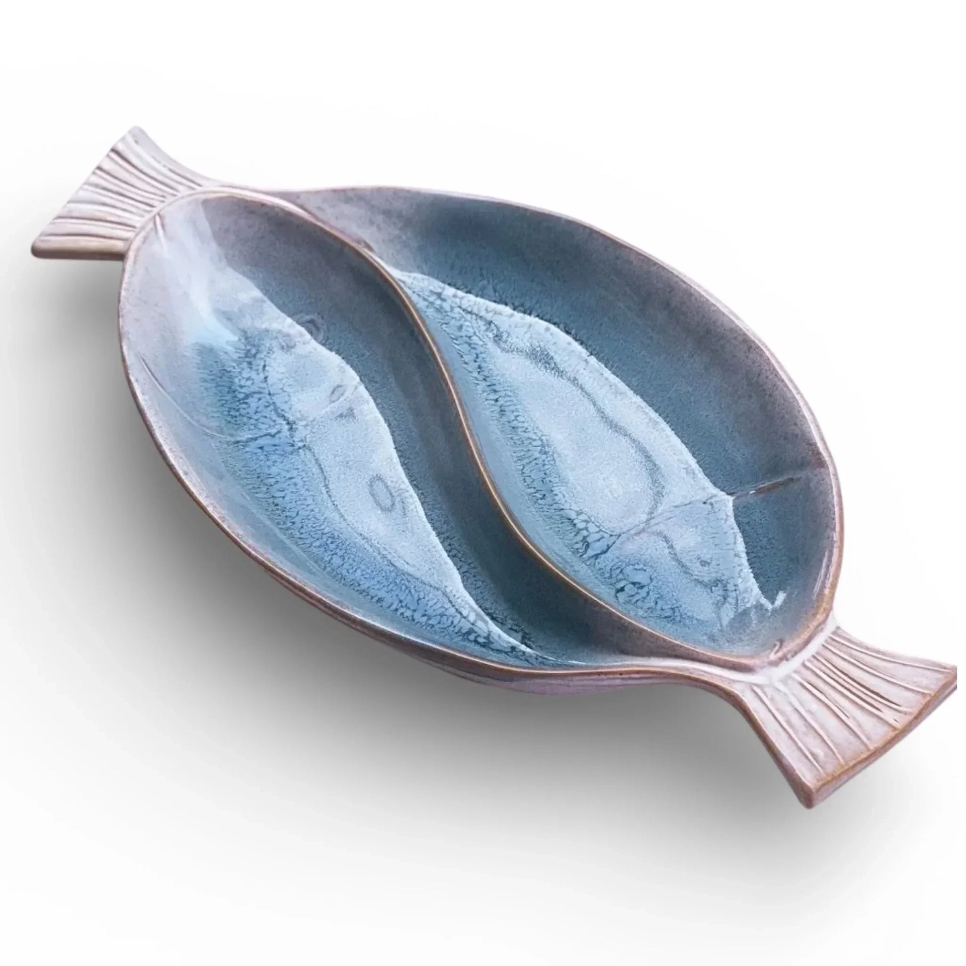 Blue ceramic fish-shaped serving dish with dual compartments, perfect for home décor or entertaining.