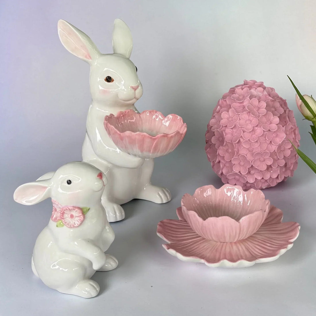 White ceramic bunnies with pink floral bowls and egg, elegant home decor set