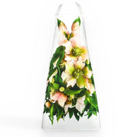 White apron with pink and green hellebore floral print, elegant kitchen accessory for home décor