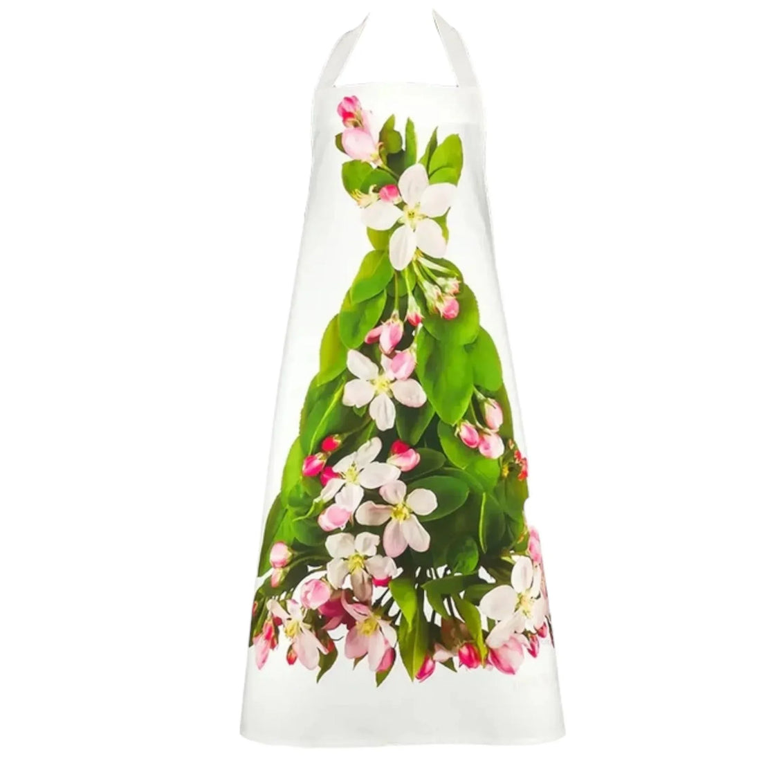 White apron with pink and white floral print, green leaves, perfect for kitchen décor or cooking