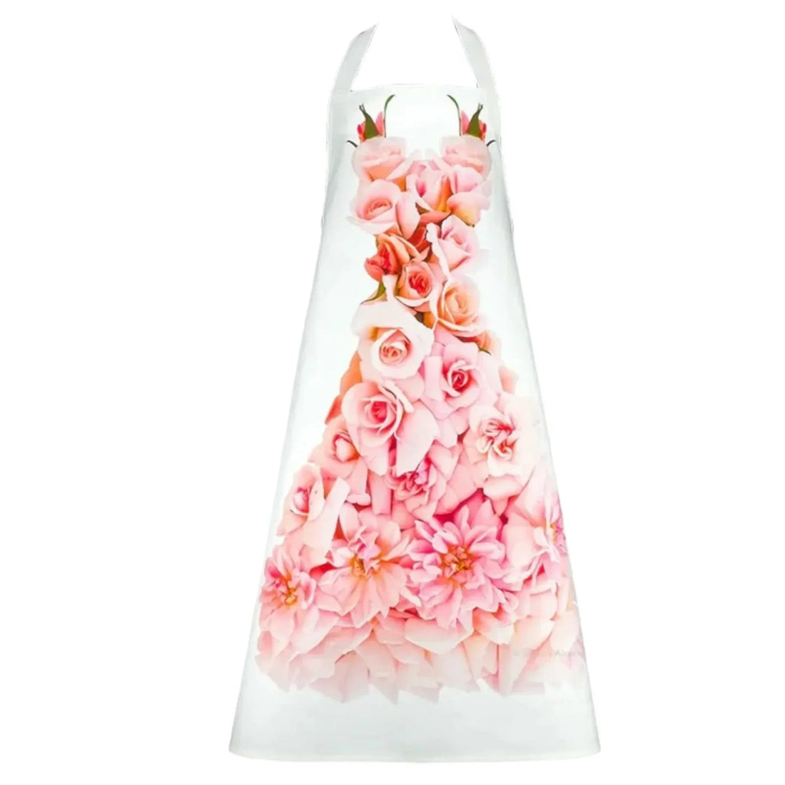 White apron with pink rose floral print, elegant kitchen accessory for home décor