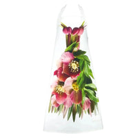 White apron with pink hellebore flowers and green leaves, elegant kitchen décor